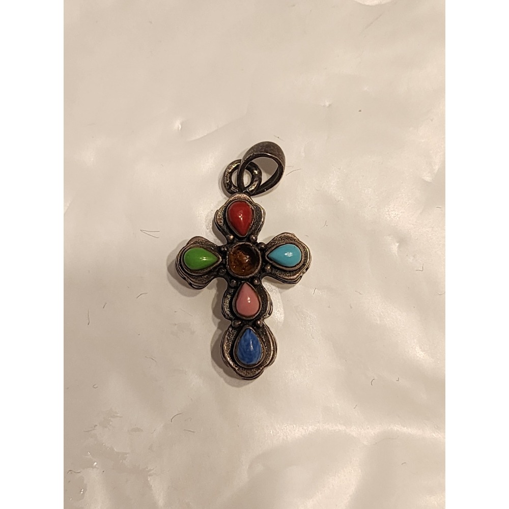 925 Mexico Sterling Silver Multicolor Stone Cross Pendant Southwestern Artisan